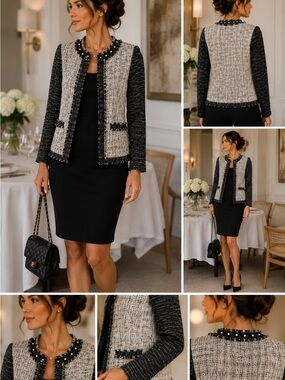 Perceptions Chic Tweed Pearl-Trim Jacket in Black and Cream